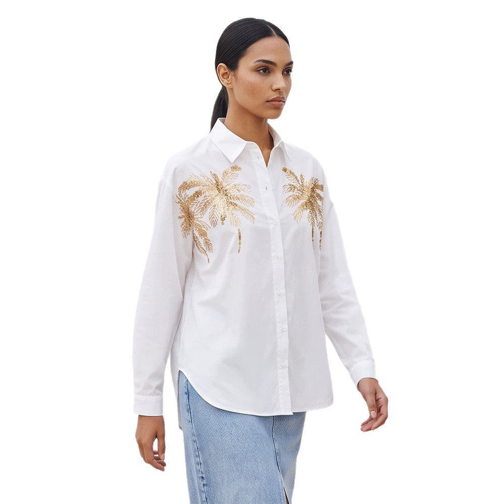 Damen Hemdbluse mit Pailletten-Palmenapplikation, Oversize-Schnitt & klassischem Kragen Shop Nory