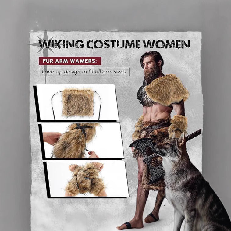 Herren Kriegerisches Kostüm‑Accessoire‑Set aus Kunstpelz mit Schulterbehang, Armschützern und verstellbarem Leder‑Harness Shop Nory