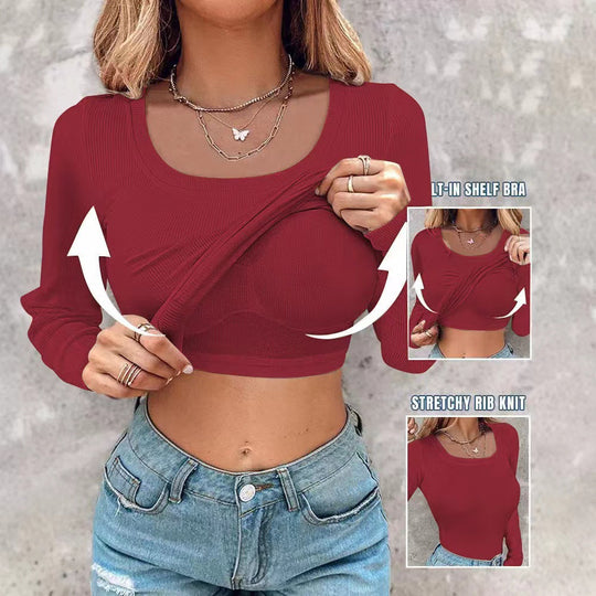 Damen Cropped Rippenstrick Langarmshirt mit integriertem Bustier Shop Nory