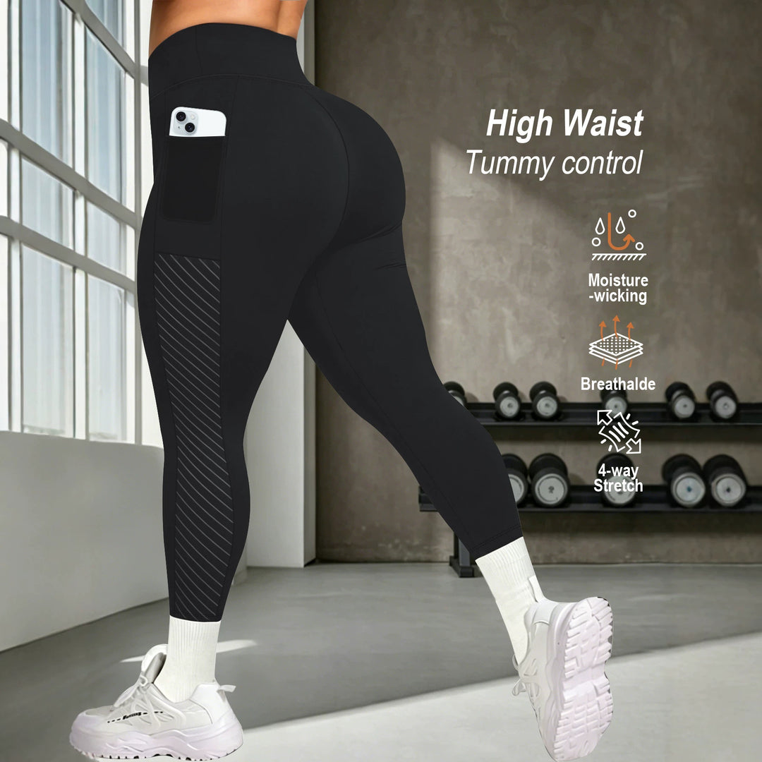 Damen High-Waist Sportleggings knöchellang mit seitlicher Handytasche und Struktur-Panel Shopy Nory