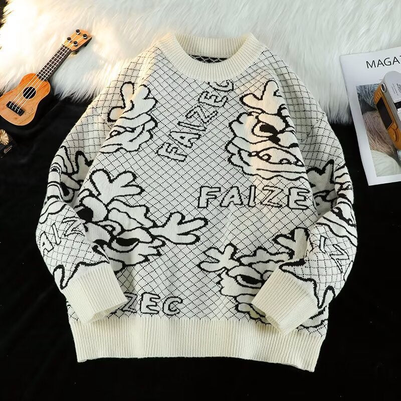 Unisex Oversized Jacquard-Strickpullover mit Allover-Motiv und Rippbündchen Shop Nory