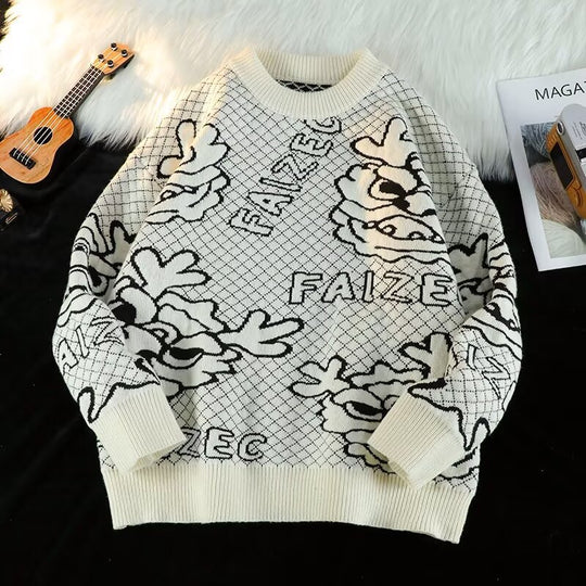 Unisex Oversized Jacquard-Strickpullover mit Allover-Motiv und Rippbündchen Shop Nory
