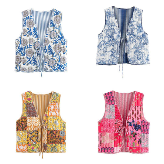 Damen Patchwork‑Weste mit Bindeband, gestreifter Innenverarbeitung und Kontrastpaspel Shop Nory