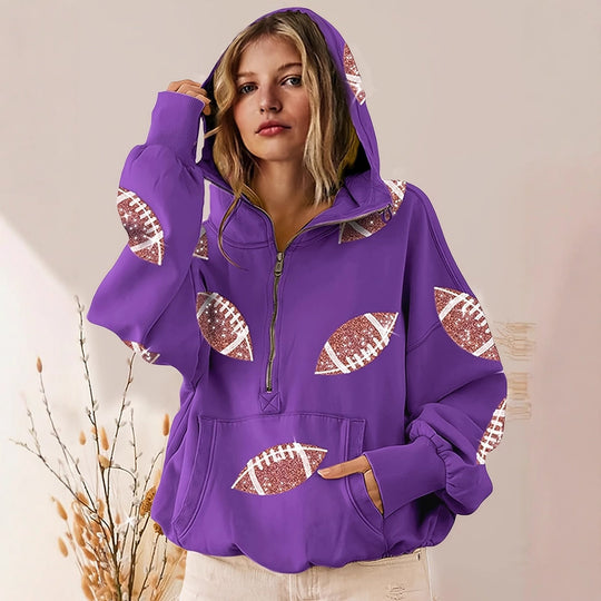 Damen Oversized Kapuzenpullover mit halbem Reißverschluss und Pailletten‑Football-Applikation Shop Nory