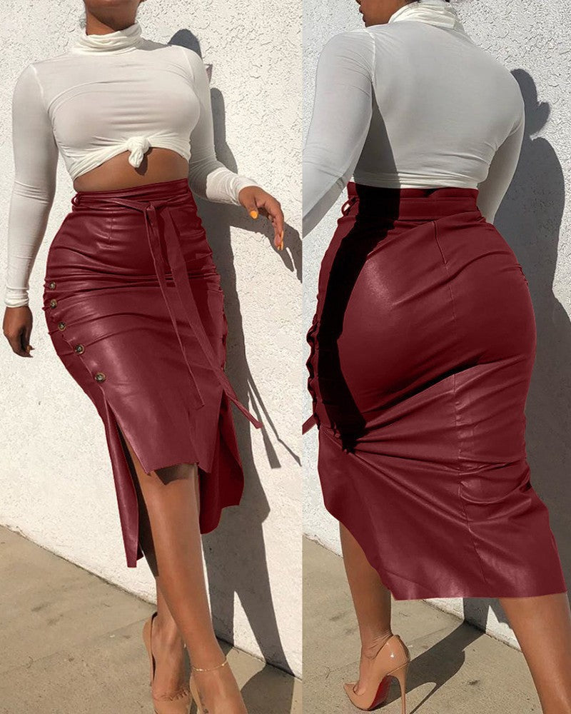 Damen Bleistiftrock mit asymmetrischem Schlitz und dekorativen Rüschendetails Shopnory