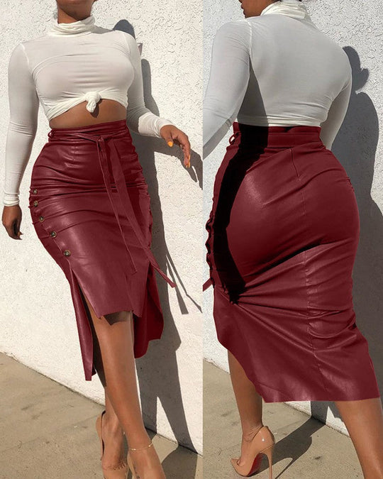 Damen Bleistiftrock mit asymmetrischem Schlitz und dekorativen Rüschendetails Shopnory