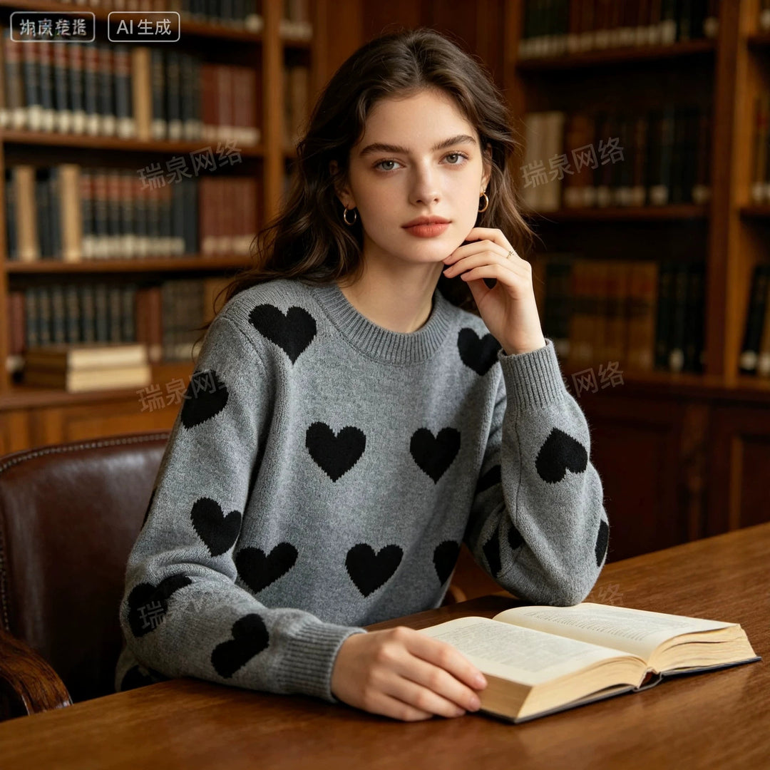 Damen Oversize-Strickpullover mit Herz‑Jacquard und Rundhalsausschnitt Shop Nory
