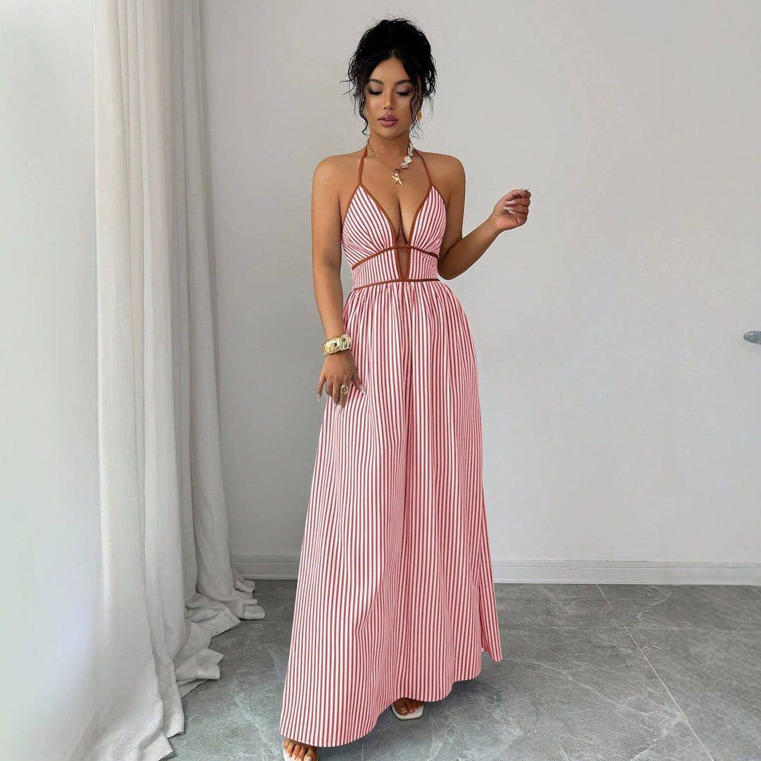 Damen Gestreiftes Neckholder-Maxikleid mit tiefem V-Ausschnitt und Taillen-Cut-Out Shop Nory