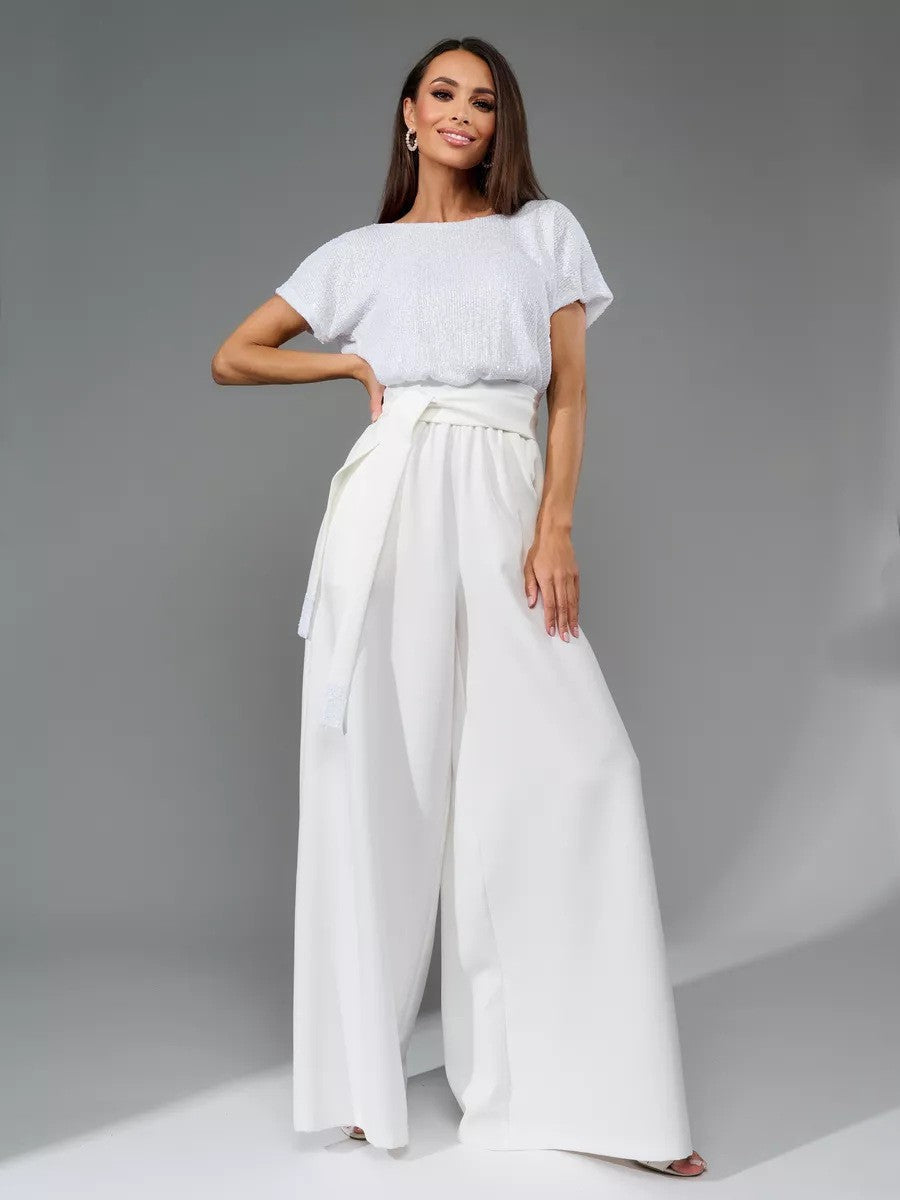 Damen Glitzernder Jumpsuit mit weitem Bein und Taillengürtel