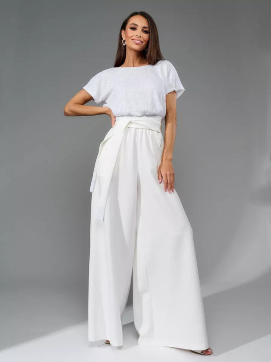 Damen Glitzernder Jumpsuit mit weitem Bein und Taillengürtel