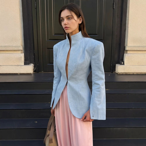 Damen taillierter Stehkragen-Blazer mit verdecktem Hakenverschluss und geschwungenem Saum Shop Nory