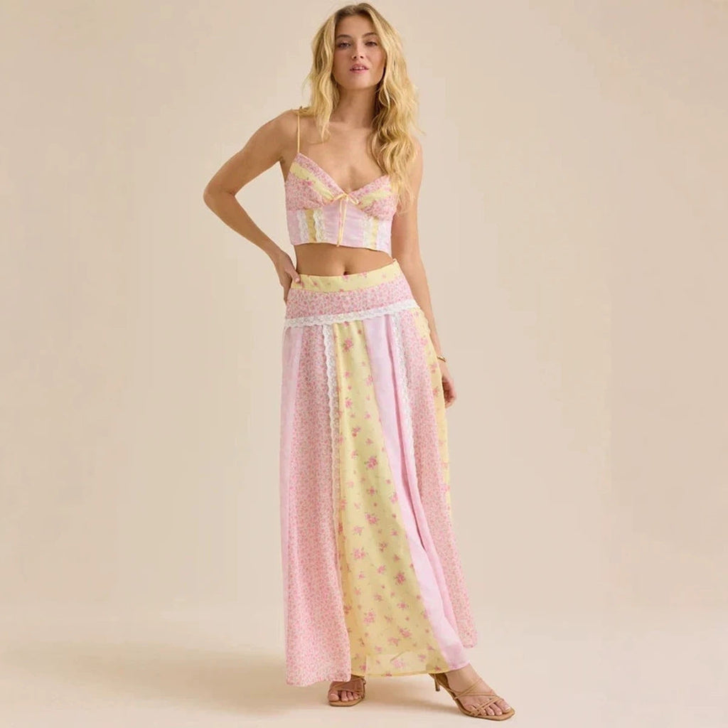 Damen nan romantisches Crop-Top mit Spaghettiträgern und gestuftem Patchwork-Maxirock Shopnory
