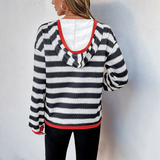 Damen Pullover-Hoodie im Ringelstrick mit V-Ausschnitt, Kängurutasche und Kontrastbündchen Shop Nory