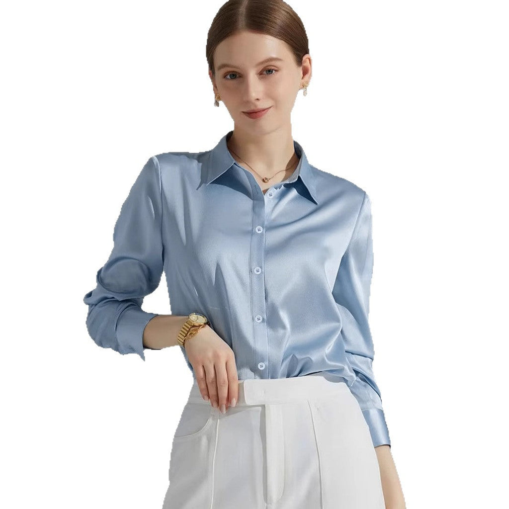 Damen Luxus Satin-Bluse mit elegantem Kragen und weichen Ärmeln