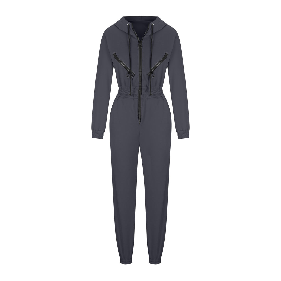Damen taillierter Kapuzen-Jumpsuit mit elastischem Bund und markanten Kontrast-Reißverschlüssen Shop Nory