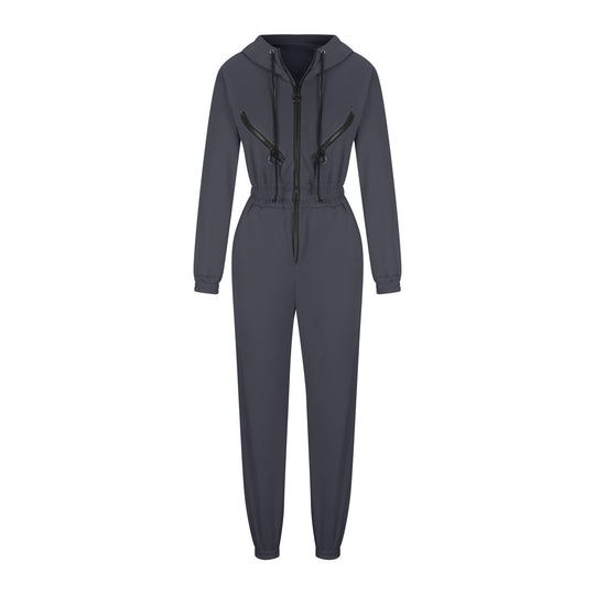 Damen taillierter Kapuzen-Jumpsuit mit elastischem Bund und markanten Kontrast-Reißverschlüssen Shop Nory