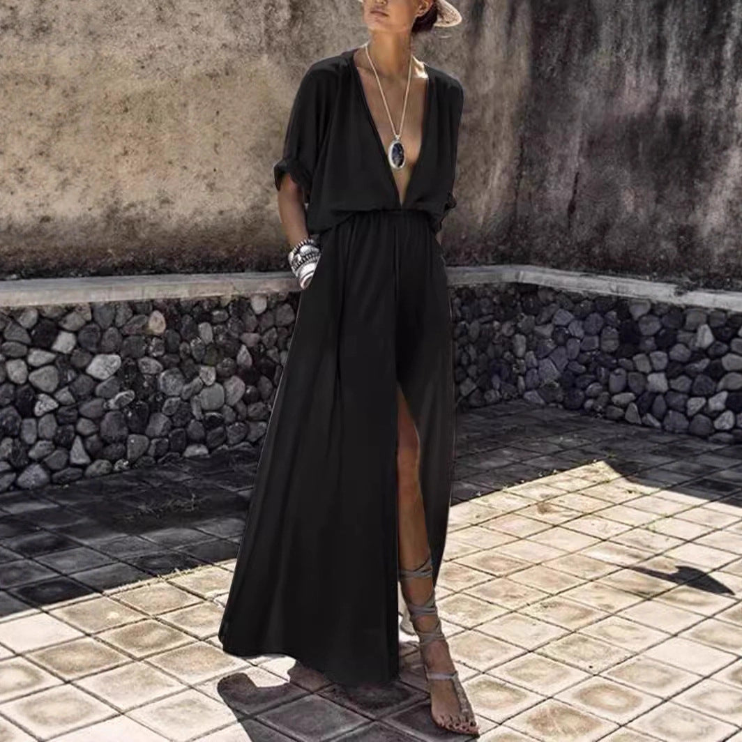 Damen Elegantes Maxikleid mit tiefem V-Ausschnitt und hohem Schlitz