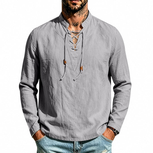 Herren Leinenhemd mit Stehkragen und Schnürung Shop Nory
