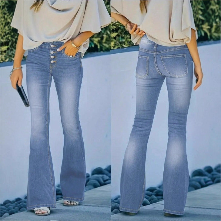 Damen taillenhohe Schlagjeans mit dekorativer Knopfleiste und sculptendem Sitz Shop Nory