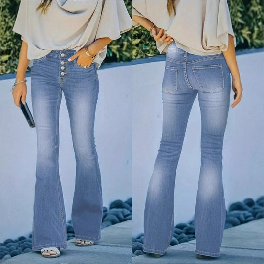 Damen taillenhohe Schlagjeans mit dekorativer Knopfleiste und sculptendem Sitz Shop Nory