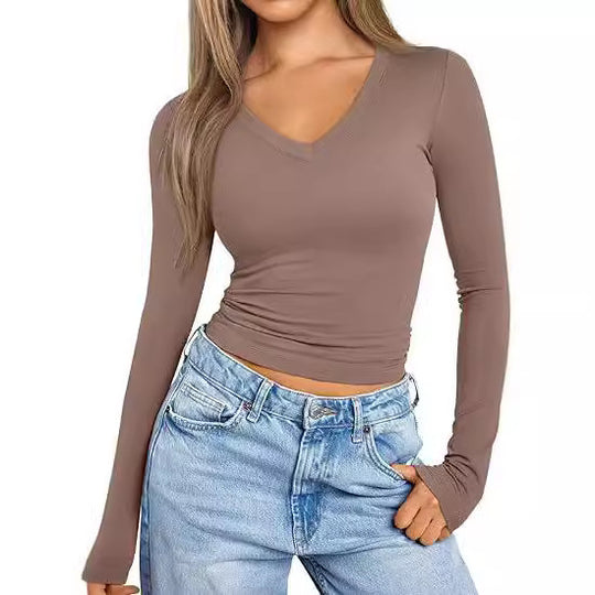 Damen Figurnahes Langarm-Cropped-Shirt mit V-Ausschnitt und elastischem Taillenbund Shop Nory