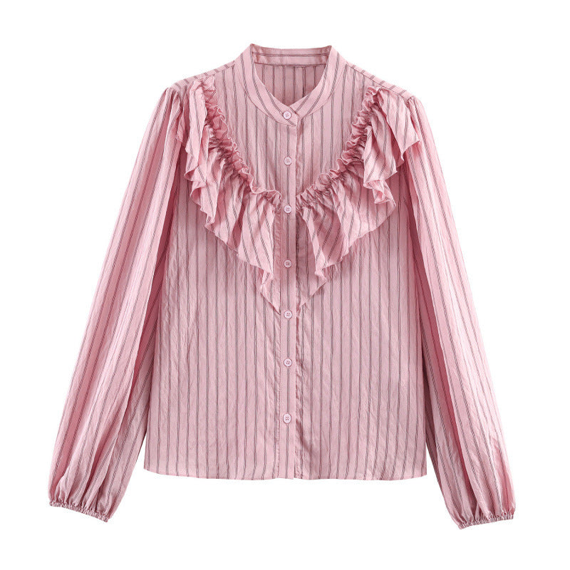Damen Rüschenbluse mit Stehkragen, feinen Streifen und gerafften Ärmeln Shop Nory