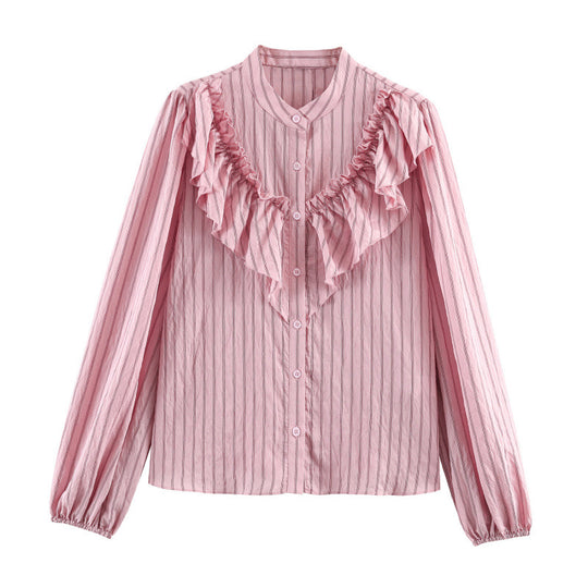 Damen Rüschenbluse mit Stehkragen, feinen Streifen und gerafften Ärmeln Shop Nory
