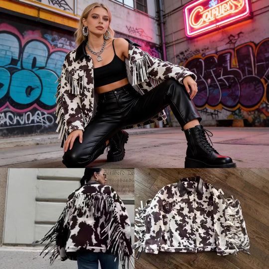 Damen Teddy-Truckerjacke mit Kuhfleckenmuster und Kunstlederkragen Shop Nory