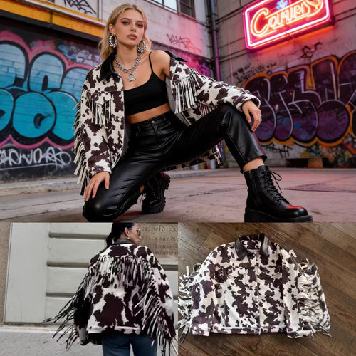Damen Teddy-Truckerjacke mit Kuhfleckenmuster und Kunstlederkragen Shop Nory