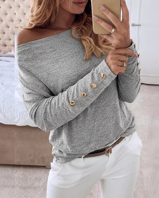 Damen Offshoulder Feinstrickpullover mit Zierknopfleiste an den Ärmeln Shop Nory