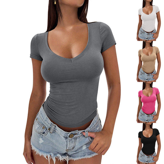 Damen figurbetontes V-Ausschnitt T-Shirt aus hochwertiger Baumwolle