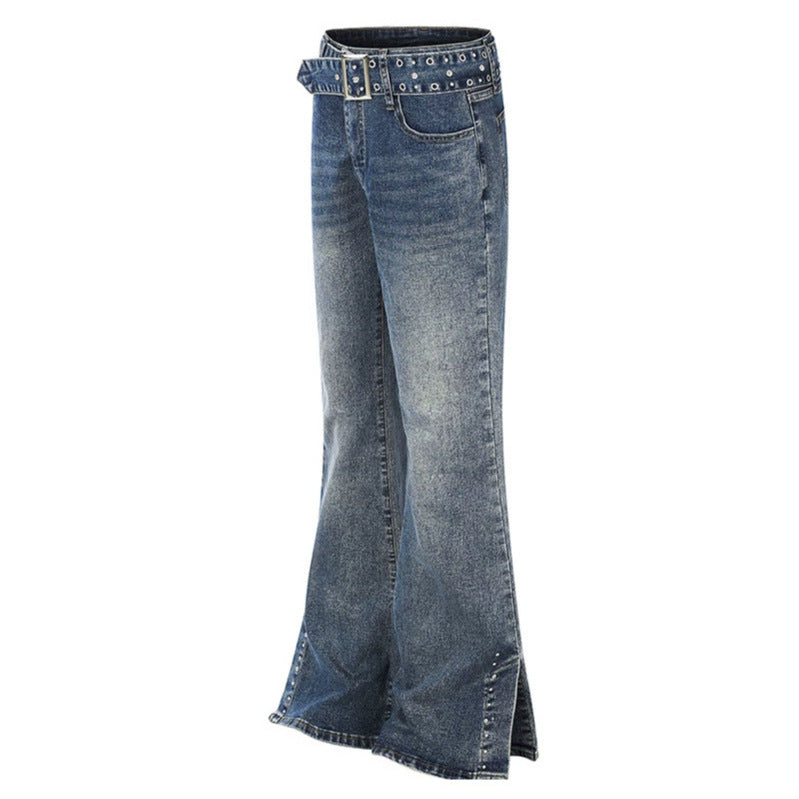 Damen High-Waist Flared-Denimjeans mit Nietenbesatz, weitem Schlag und Ziergürtel Shop Nory
