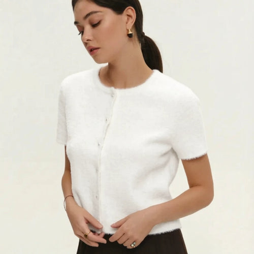 Damen Flauschiger Strickpullover mit Perlenknöpfen Shop Nory