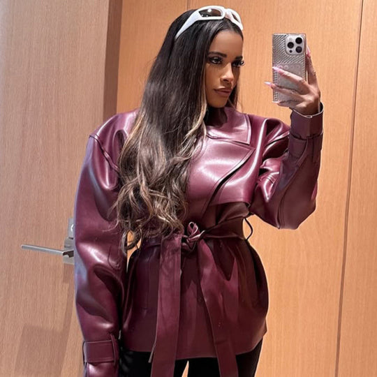 Damen Taillierter Lederimitat-Blouson mit Bindegürtel und voluminöser Schulterpartie Shop Nory