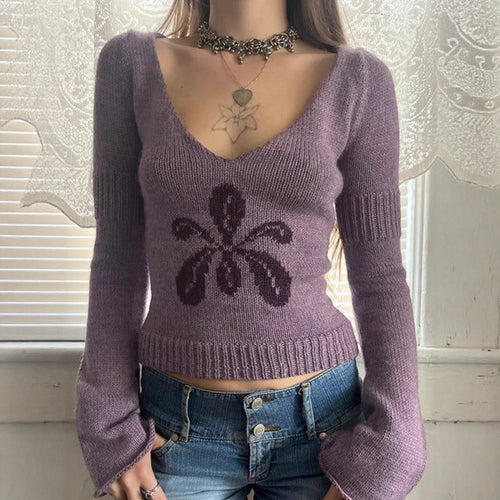 Damen nan kurzes Feinstrick V‑Pullover mit floralem Intarsienmotiv und ausgestellten Trompetenärmeln Shop Nory