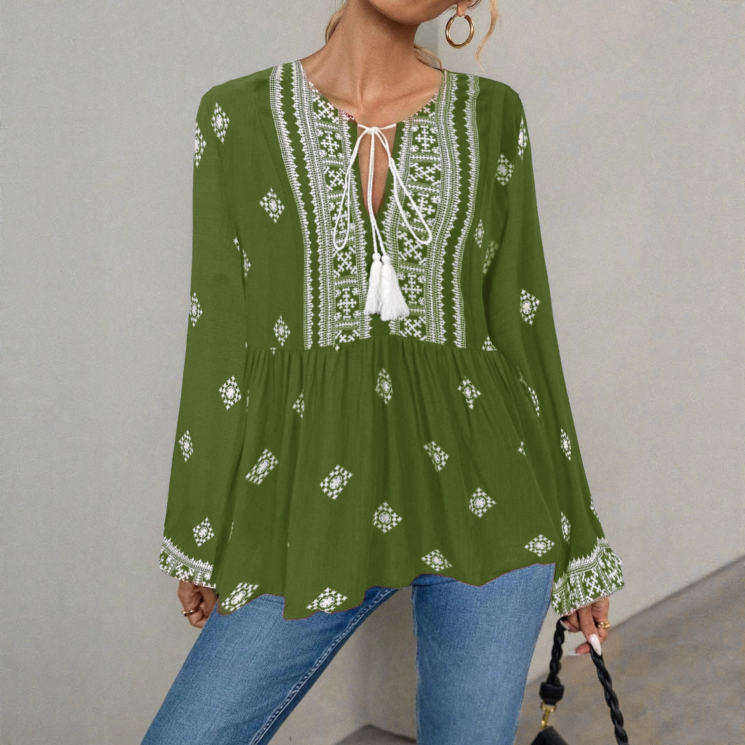 Damen Bestickte Boho-Tunika-Bluse mit Quastenbändern und stufigem Saum Shop Nory