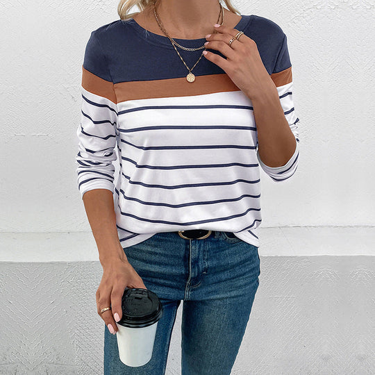 Damen Gestreiftes Langarmshirt mit Colorblock-Detail und Rundhalsausschnitt Shop Nory