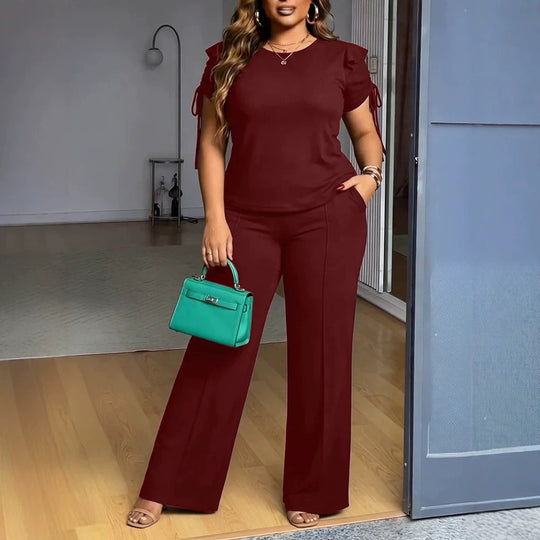 Damen Zweiteiliges Jersey-Set mit taillierter Weitbein-Hose und Kurzärmeligem Knoten-Top Shop Nory