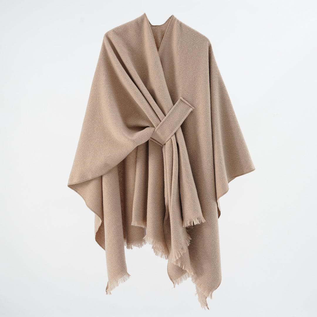 Damen leichter Wollmix-Überwurf mit Fransen und Bindegürtel Shop Nory
