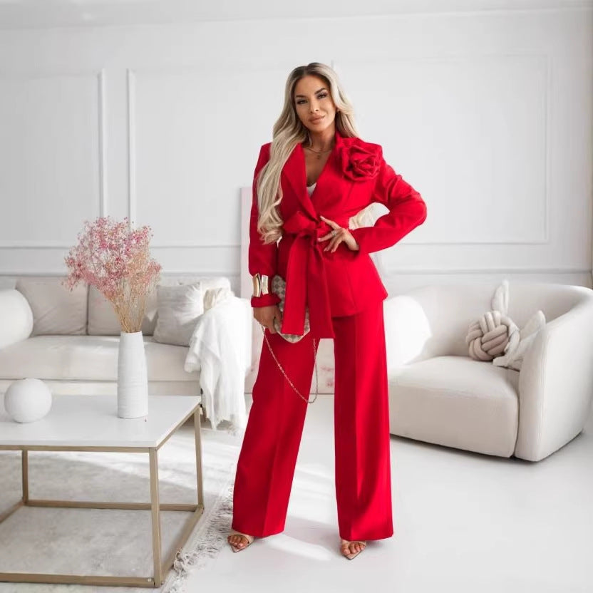 Damen Elegantes Oversize-Blazer-Set mit rosafarbener Rosenapplikation und Highwaist Weitbein-Hose Shop Nory
