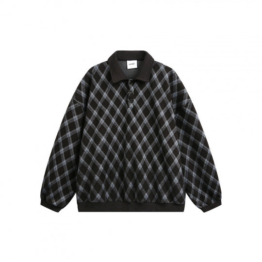 Unisex Oversize Polo-Halbzip-Pullover mit Argyle-Struktur Shop Nory