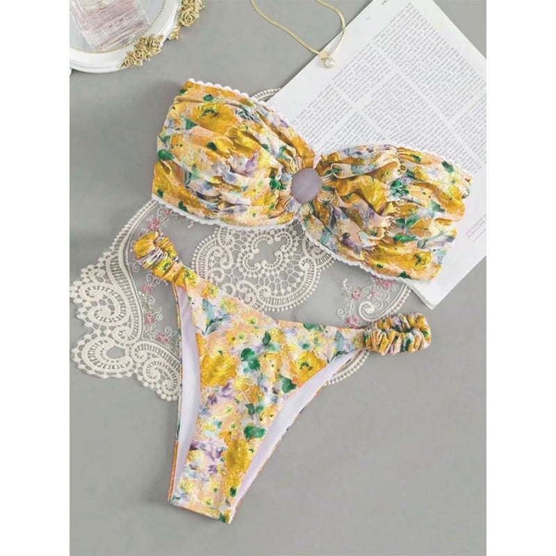 Damen Bandeau-Bikini mit romantischem Rüschendesign und verführerischem Blumenmuster