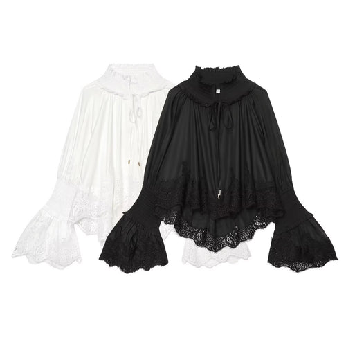 Damen Romantische Bluse mit Volantkragen, Glockenärmeln und Spitzenbesatz Shop Nory