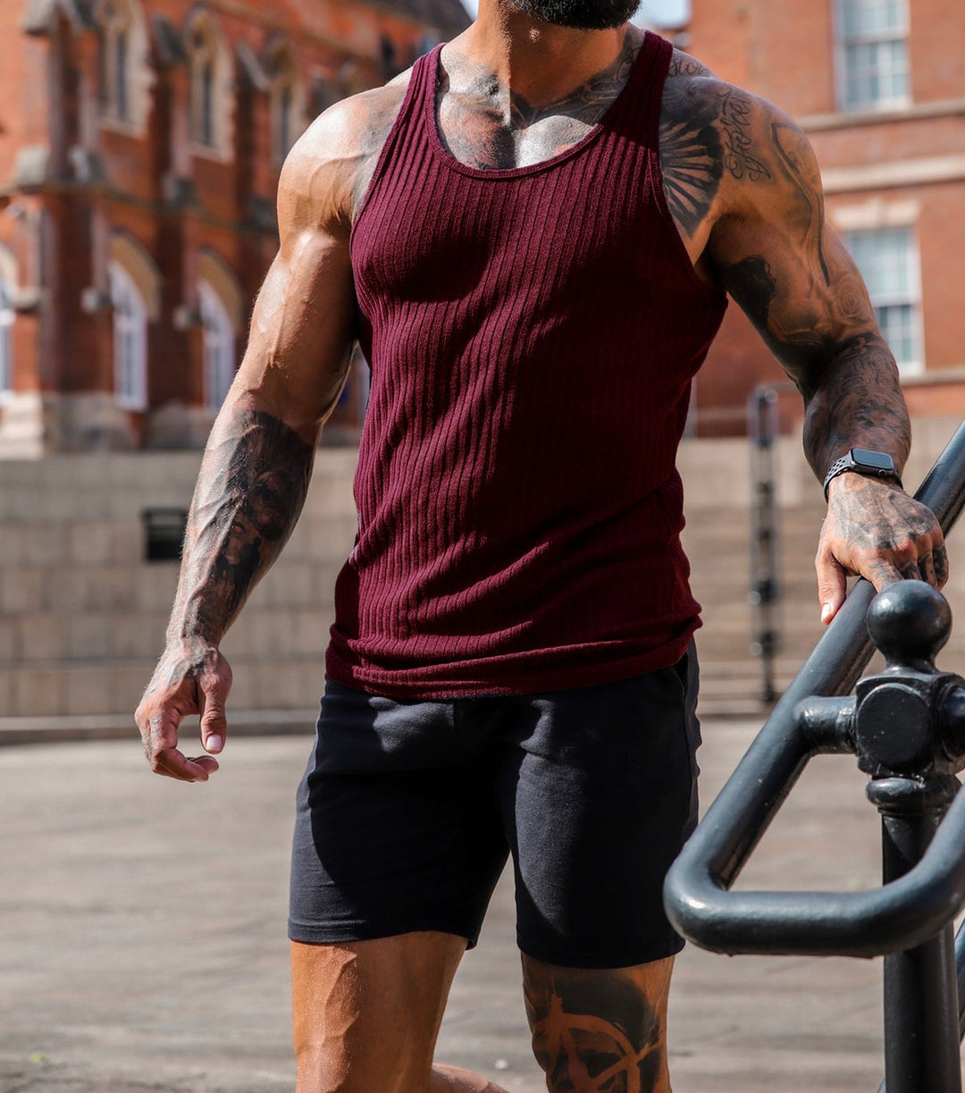 Herren nan geripptes Muskelshirt mit U-Ausschnitt und stretchigem Baumwollmix
