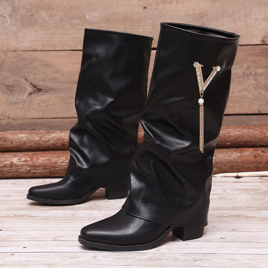 Damen Kniehohe Slouch‑Stiefel mit Strassbesatz und mittlerem Blockabsatz Shop Nory