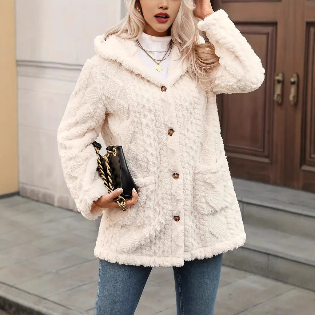 Damen angenehme und weiche Plüschjacke mit Kapuze und Taschen