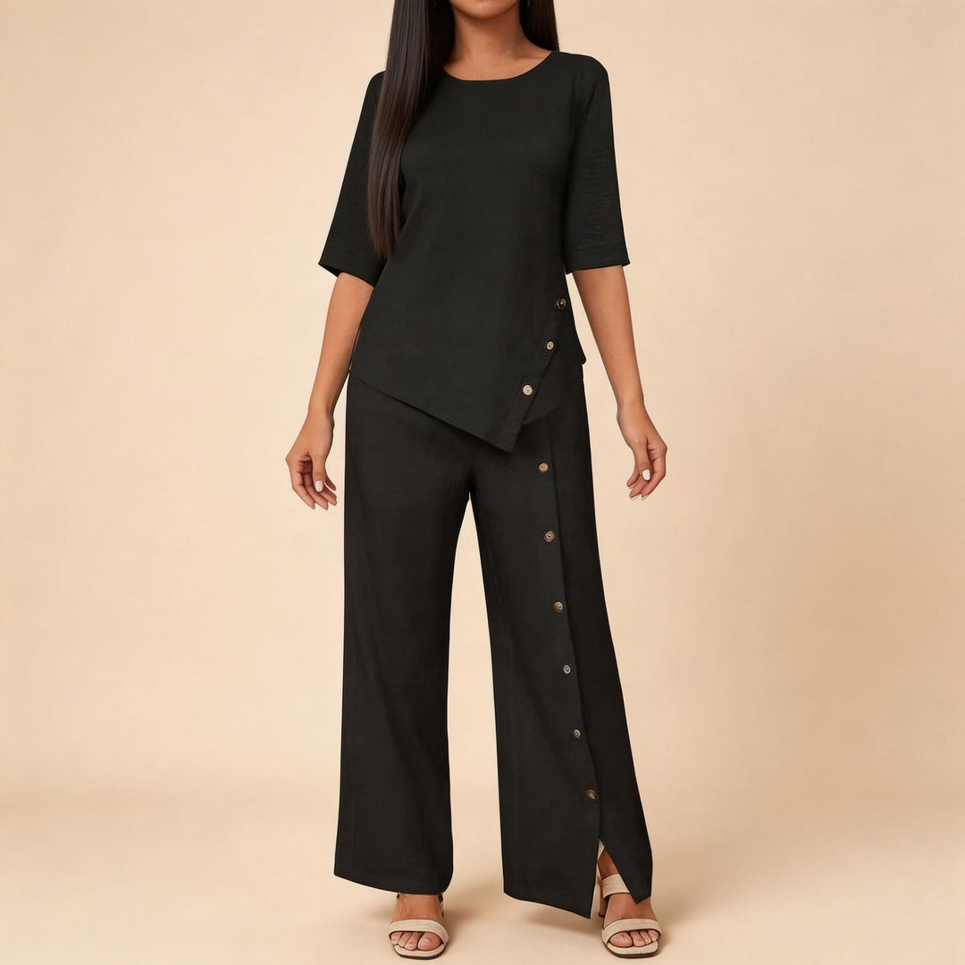 Damen asymmetrisches zweiteiliges Lounge-Set mit 3/4-Ärmeln und seitlicher Knopfverzierung Shop Nory