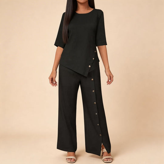 Damen asymmetrisches zweiteiliges Lounge-Set mit 3/4-Ärmeln und seitlicher Knopfverzierung Shop Nory