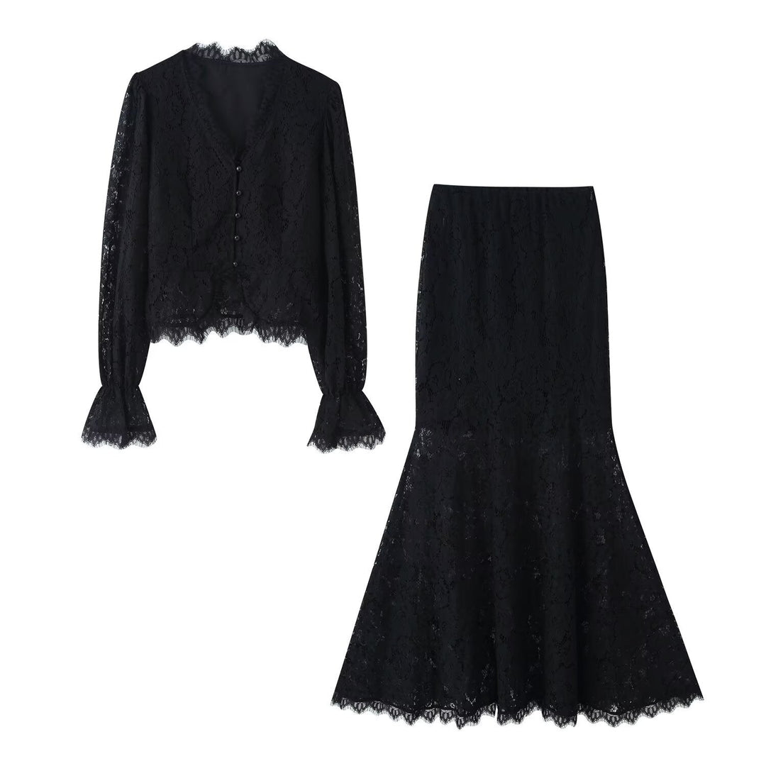 Damen Spitzenblusen- und Rock-Set Shopnory