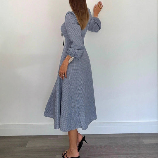 Damen Maxikleid mit Vichy-Karo, Quadrat-Ausschnitt, Taillenraffung und Ballonärmeln Shop Nory
